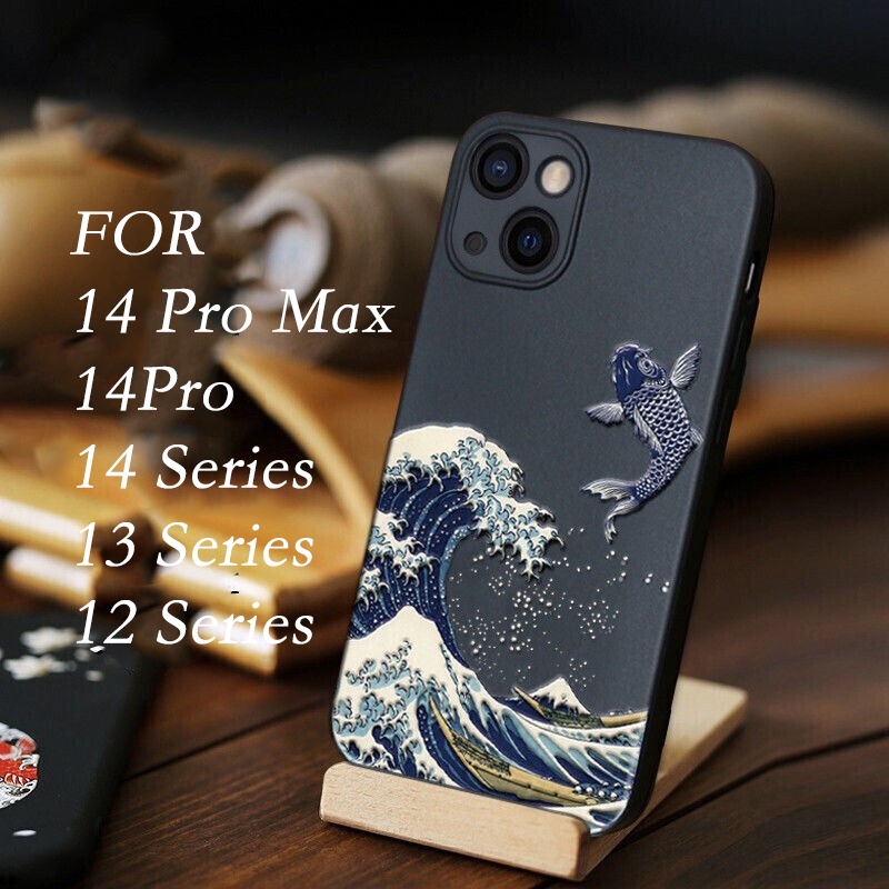 เคส iPhone 14 Pro Max 14 Plusโทรศัพท์มือถือ ลายคลื่นคานางาวะ แมว นกกระเรียน 3D นูน สําหรับ 13ProMax 11 12Pro 13mini