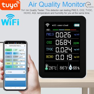 [T&amp;H] Tuya เครื่องวัดคุณภาพอากาศ แบบพกพา Wifi 7in1 PM2.5 CO2 TVOC HCHO AQI เครื่องทดสอบความชื้น อุณหภูมิ 2.8 นิ้ว TFT หน้าจอสี เครื่องตรวจจับคาร์บอนไดออกไซด์ รองรับแอพมือถือ