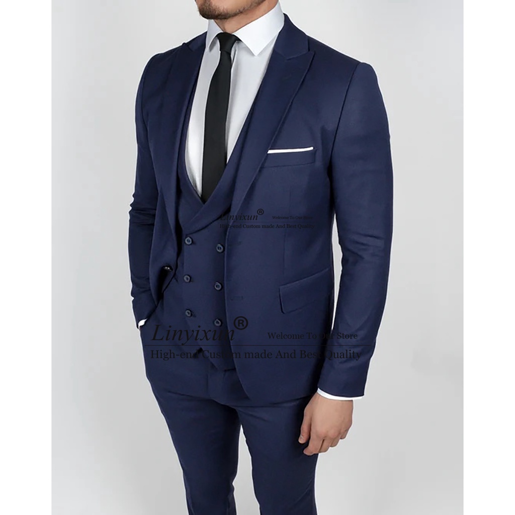 Casual Navy Blue Mens Suits Professional Business Blazer Slim Wedding Groom Tuxedo 3 Piece Jacket Vest Pants Set Terno M #1