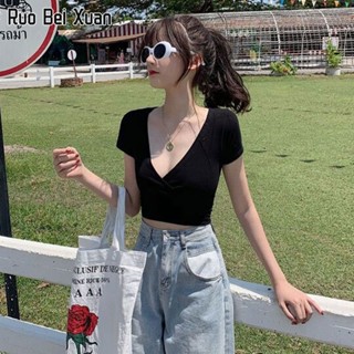 RUO BEI XUAN เสื้อยืด แขนสั้น คอวี สีพื้น แฟชั่นสตรี