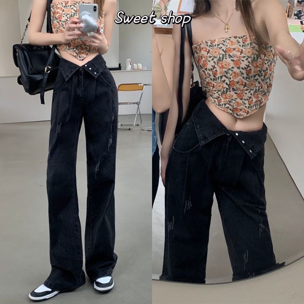 Sweet กางเกงยีนส์ดำ กระดุมเปิดเอว สไตล์เกาหลี ใส่แล้วหุ่นดีสุดๆ ทรงขากระบอก เนื้อผ้าดีระบายอากาศใส่สบาย 811