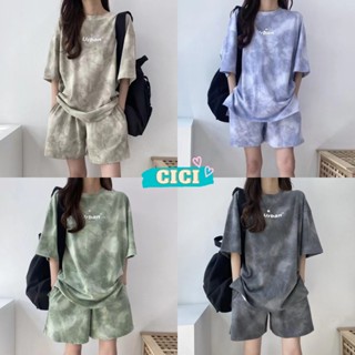 Cici(NO.D9155)ชุดเซตเสื้อยืด+กางเกงขาสั้น สีลายหินอ่อนมาแรง เท่ห์สตรีทมากๆ