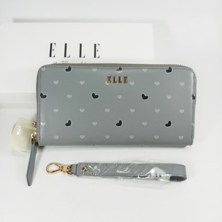 ELLE แท้!!! กระเป๋าสตางค์ผู้หญิงใบยาว ซิปรอบ สีเทา หนังแท้ พิมพ์ลายรูปหัวใจ มีสายคล้องมือ ป้ายหนังรูปหัวใจ