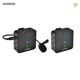 Andoer MX5 ไมโครโฟนบันทึกเสียงไร้สาย 2.4G พร้อมตัวรับส่งสัญญาณ ระยะไกล 50 เมตร แบตเตอรี่ในตัว ชาร์จได้ สําหรับสมาร์ทโฟน กล้อง DSLR DV