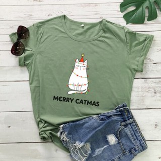 เสื้อยืด Kawaii Merry Catmas Cotton T Shirt Women Funny Cat Mom Christmas Tshirt Winter Women Short Sleeve Graphic