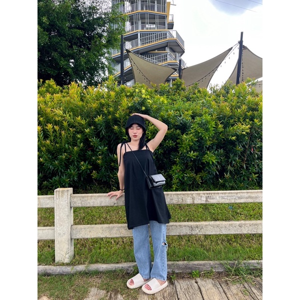 𝑇𝑜𝑛𝑔𝑇𝑎🧚🏻‍♀️ มินิเดรสผูกโบว์ไหล่จีบอกผ้าฝ้าย มินิเดรสแฟชั่น