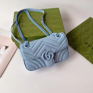 พร้อมส่ง Gucci Marmont Ladies New Shoulder Bag With Box Chain Bag Blue 446744