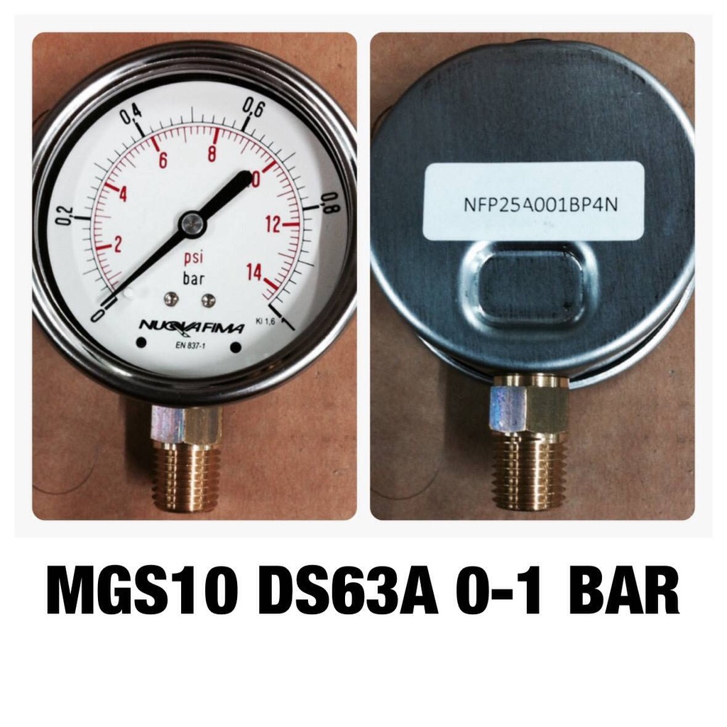 Pressure Gauge เกจวัดแรงดัน หน่วย Bar/Psi เกลียวทองเหลือง 1/4" NPT Male เกลียวออกล่าง ยี่ห้อ NUOVA F