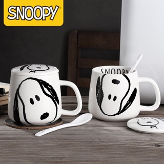 [เลือกปลายดอกไม้] Snoopy แก้วเซรามิค ลายสนูปปี้น่ารัก พร้อมฝาปิด และช้อน สําหรับคู่รัก