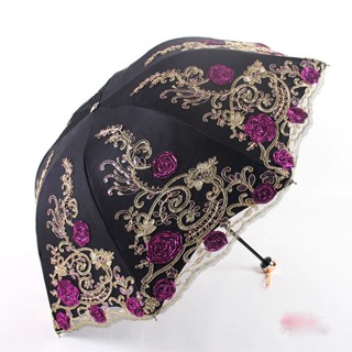 Tri-Fold Double-Layer Embroidery Flower Lace Umbrella Anti-Sun Parasol Black Plastic Anti-UV Umbrella