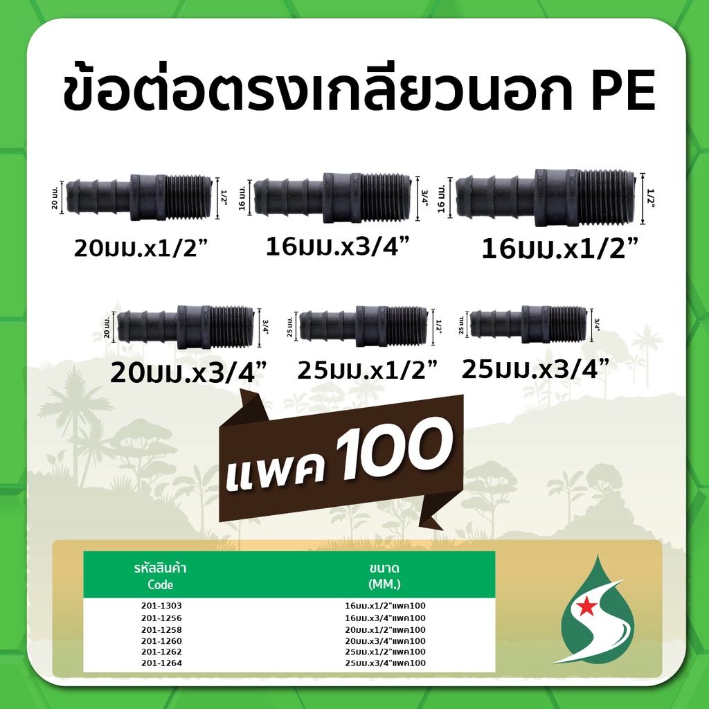 ข้อต่อตรง PE ข้อต่อตรงเกลียวนอก ข้อต่อตรงแบบสวม ขนาด 16มม. / 20มม. / 25มม.  x 1/2" , 3/4" แพค 100 ชิ้น