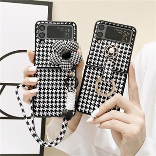 Luxury Korean Houndstooth Camellia Glitter Ring 3D Flower Camellia Portable Bracelet Casing Samsung Galaxy Z Flip 4 5G Z Flip 3 Zflip3 Flip 4 Shockproof Cover