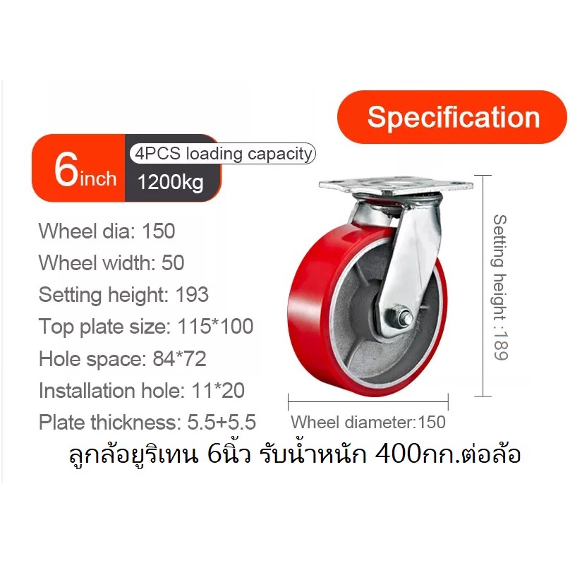 ล้อโพรียูริเทนสีแดง​ Heavy​ Duty​ ขนาด​ 6นิ้ว​ แบบแป้น รับน้ำหนัก​ 400กก.ต่อล้อ