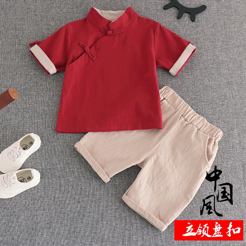 Hanfu Boy cheongsam Boy tang ชุด CNY เสื้อผ้าเด็กเด็กสีทึบ Hanfu ชุดเครื่องแต่งกายโบราณสไตล์ชาติพันธุ์ชุดอนุบาลนักเรียนประถมแขนสั้น S