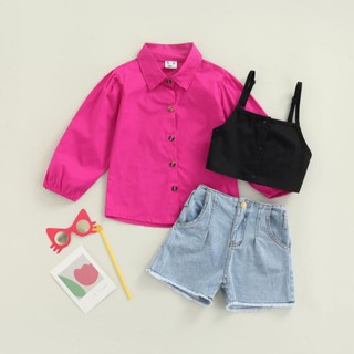 LAA6-Girls Shorts Set,Lapel Button Long-sleeved Shirt+High Waist Button+Closed Breeches Suit