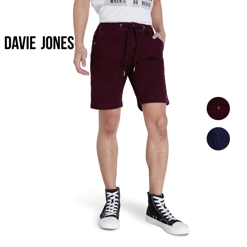 DAVIE JONES กางเกงขาสั้น เอวยางยืด Elastic Shorts SH0007 สีกรม สีแดง