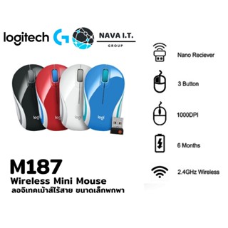 COINSคืน15%⚡FB9JMZV6⚡ LOGITECH WIRELESS MINI MOUSE M187 - ลอจิเทคเม้าส์ไร้สาย ขนาดเล็ก พกพา แดง ดำ ฟ้า