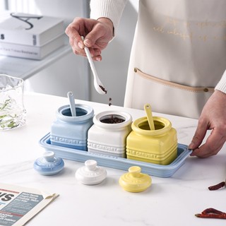 Cool color LE Macaron condiment pot stoneware with lid spoon set kitchen household three piece storage pot