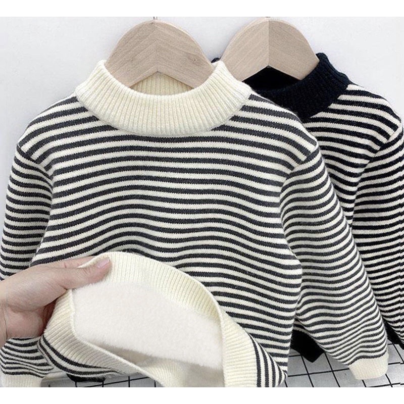 (302)เสื้อคอเต่าเด็กอายุ3-12ปี เสื้อไหมพรมถักเด็ก กันหนาวได้ดีมีซับใน ลายทาง🇹🇭ส่งจากไทย