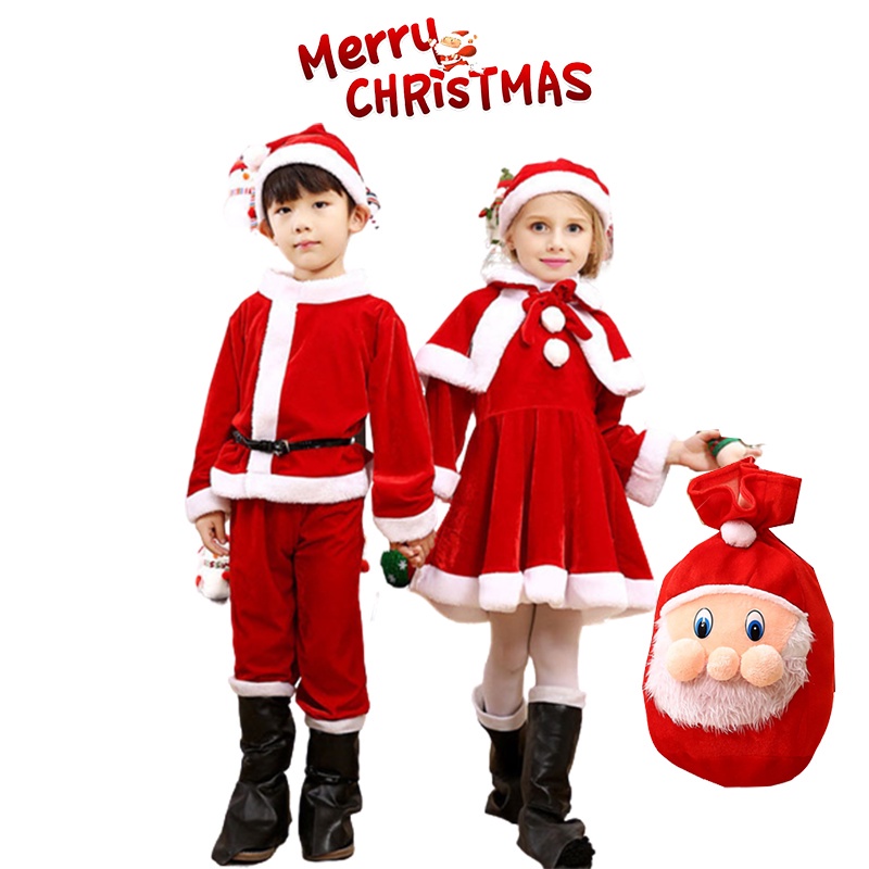 Kids Child Christmas Cosplay Santa Claus Costume Baby X-Mas Outfit 3/4 Piece Set Dress/Pants Tops Hat Cloak Belt For Boys Girls Xmas Outfit