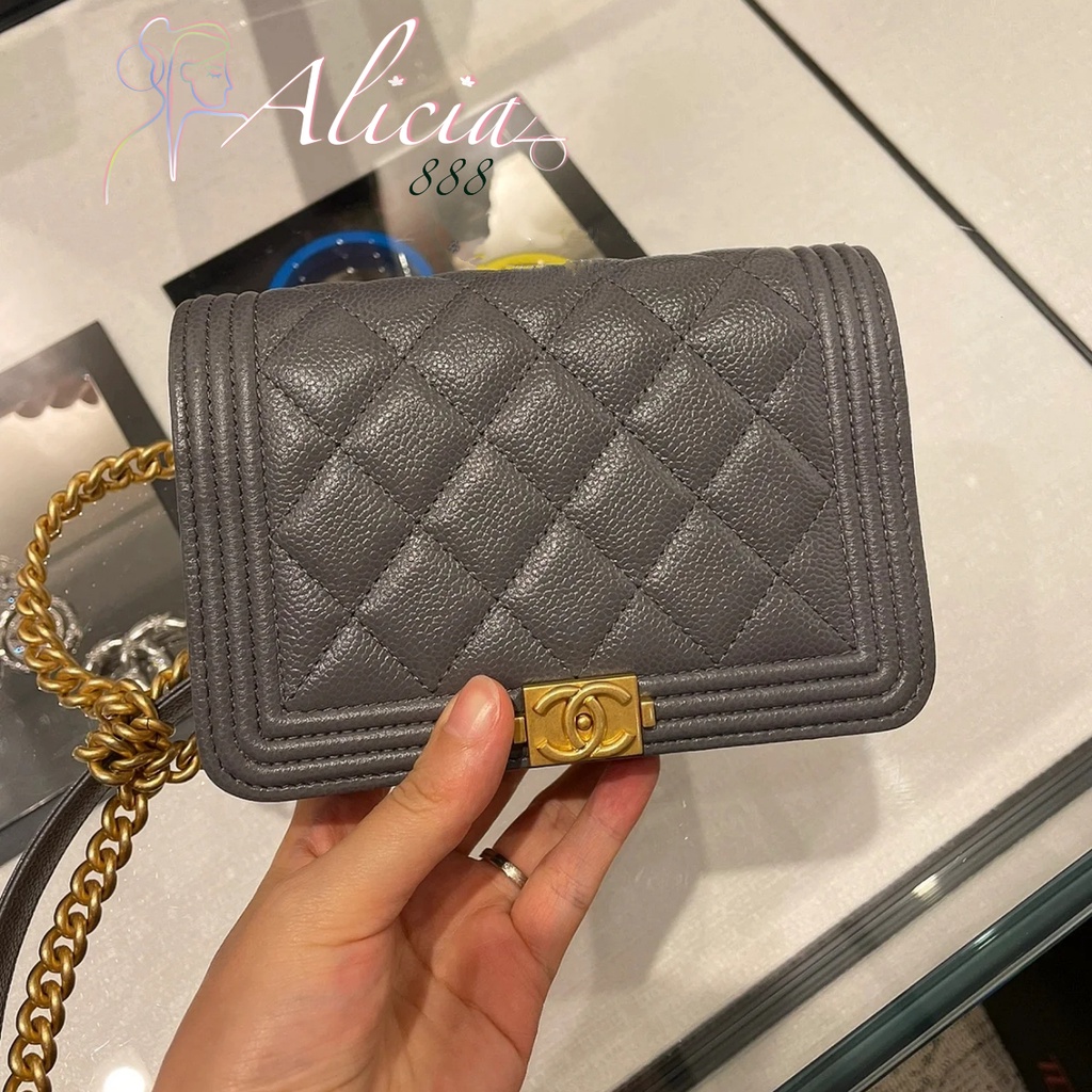 CHANEL 22A New BOY Clutch with Chain in Grey Grained Calfskin Mini WOC Gold Buckle Flap Bag 9 Card Chain Wallet
