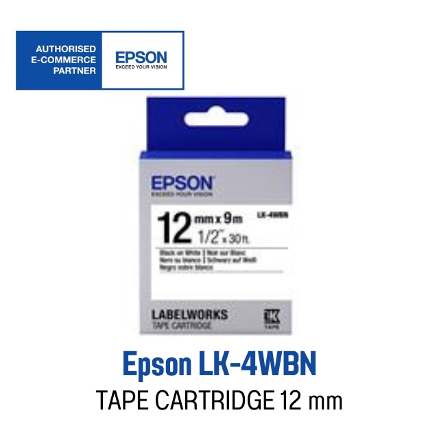 TapePump 12 mm. Black On White Epson เทปพิมพ์อักษร 12 มม. ดำพื้นขาว LK-4WBN ของแท้