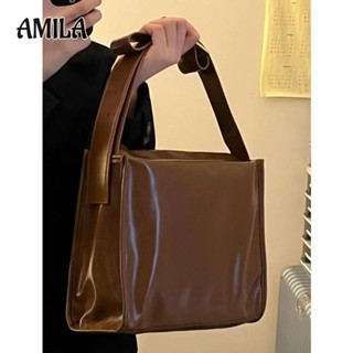 AMILA นักเรียนความจุสูง Tote vintage สีน้ำตาลแฟชั่น PU หนังไหล่ Messenger กระเป๋าสายสะพายไหล่ปรับได้