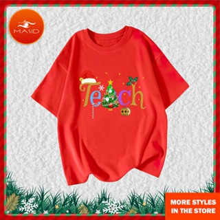 เสื้อยืดผ้าฝ้าย เสื้อยืดคริสต์มาสMerry Christmas 200g weight Upgrade Upgrade cotton man Women New Year Holiday TShirt Wh