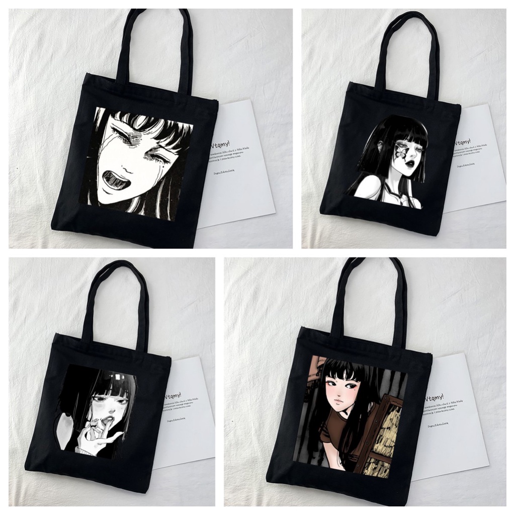 Junji Ito Tomie Shintaro Kago กระเป๋าสะพายไหล่ กระเป๋าช้อปปิ้ง ผ้าแคนวาส พิมพ์ลายการ์ตูนญี่ปุ่น มีกระเป๋าด้านใน และกระดุม สําหรับผู้หญิง