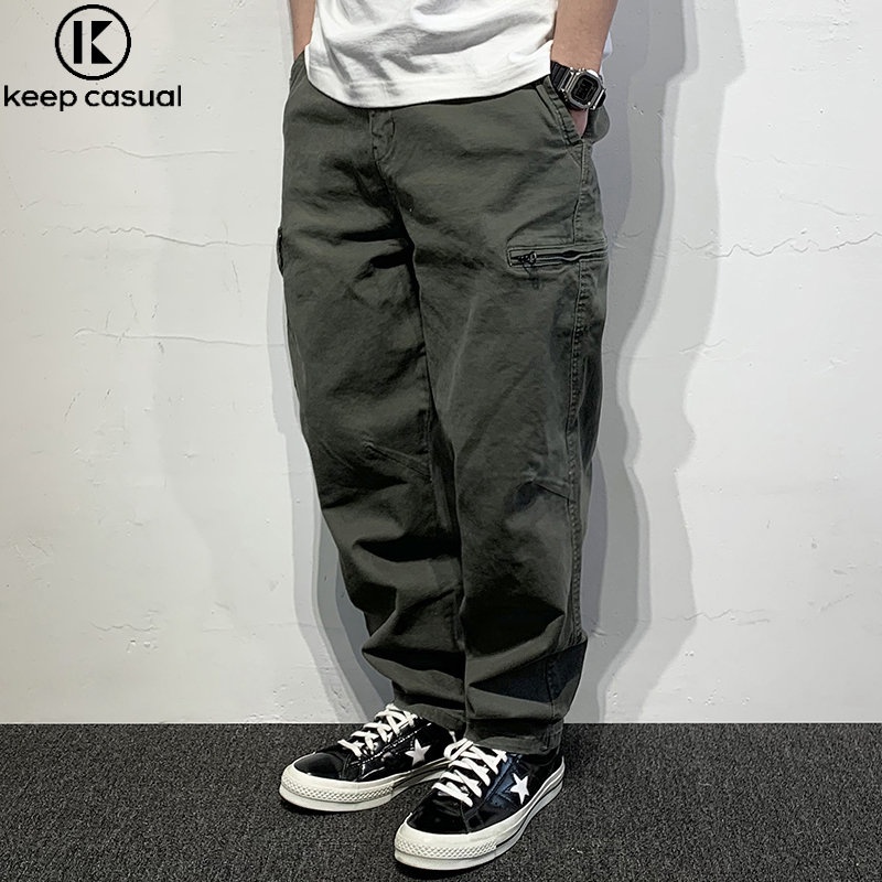 『Keep Casual』กางเกงขายาวลําลอง ทรงหลวม แต่งซิป มีหลายกระเป๋า สีพื้น สไตล์เรโทร สําหรับผู้ชาย
