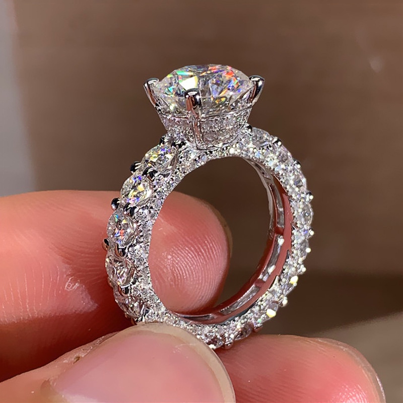 925 เงินสเตอร์ลิงเต็ม Paved รอบ Cubic Zirconia Eternity Promise แหวนหรูหราหมั้นงานแต่งงานอุปกรณ์เสริมสําหรับผู้หญิงเครื่องประดับอินเทรนด์