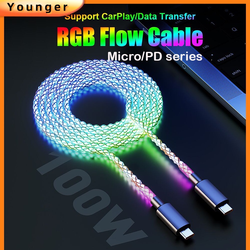 สายชาร์จเร็ว RGB 100W 66W Type C USB C สําหรับ i-Phone S-amsung Android Micro 30W