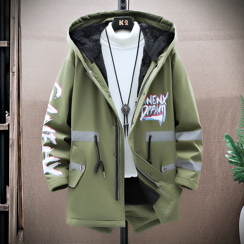 Winter Slim Long Trench Coat Men Letter Print Style Hooded Overcoat Black Hip Hop Streetwear Autumn Korean Mens Jacket #4