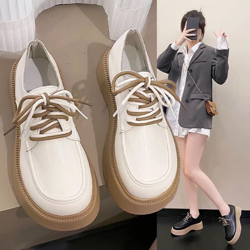 ⚡พร้อมส่ง⚡รองเท้าหนังผู้หญิงพื้นหนาผูกเชือกหัวกลมสวมใส่สบายสไตล์อังกฤษ