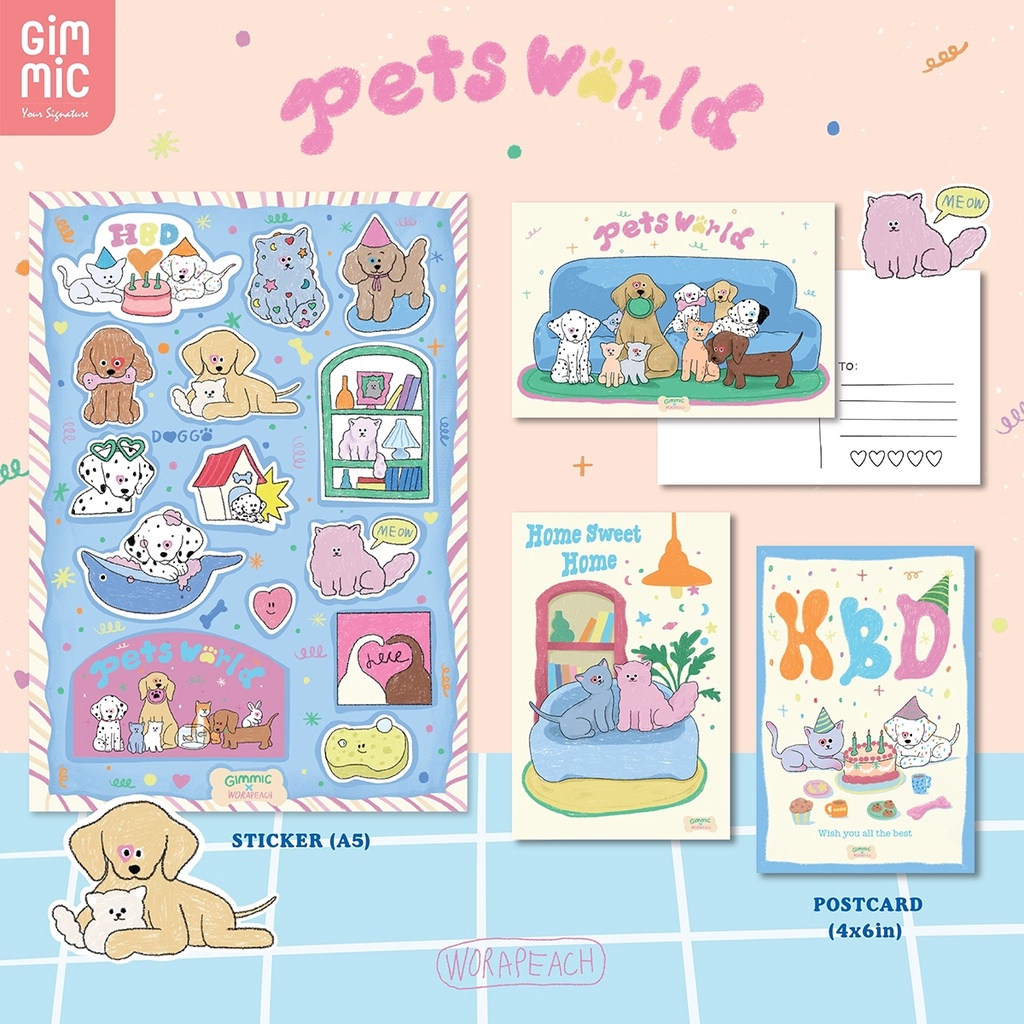 Sticker A5 & Postcard 🧽🦴 ธีม Pets World 🦮🧁 (Gimmic✖️worapeachh) เหล่าเจ้านายน้อนหมาน้อนแมว น่าเลิฟฝุ