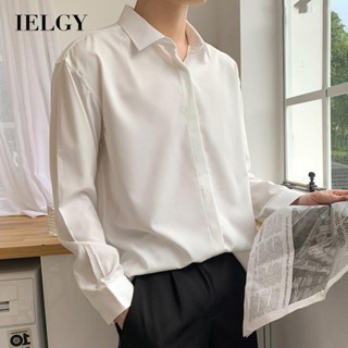 Ielgy เสื้อเชิ้ตแขนยาว ผ้าเรยอน ลําลอง ทรงหลวม สีพื้น สําหรับผู้ชาย