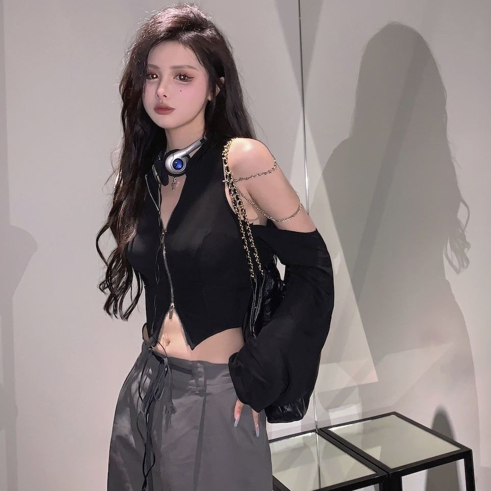 เสื้อแขนยาว เปิดไหล่ เข้ารูป แต่งซิป สีเข้ม ทันสมัย เซ็กซี่ สําหรับผู้หญิง