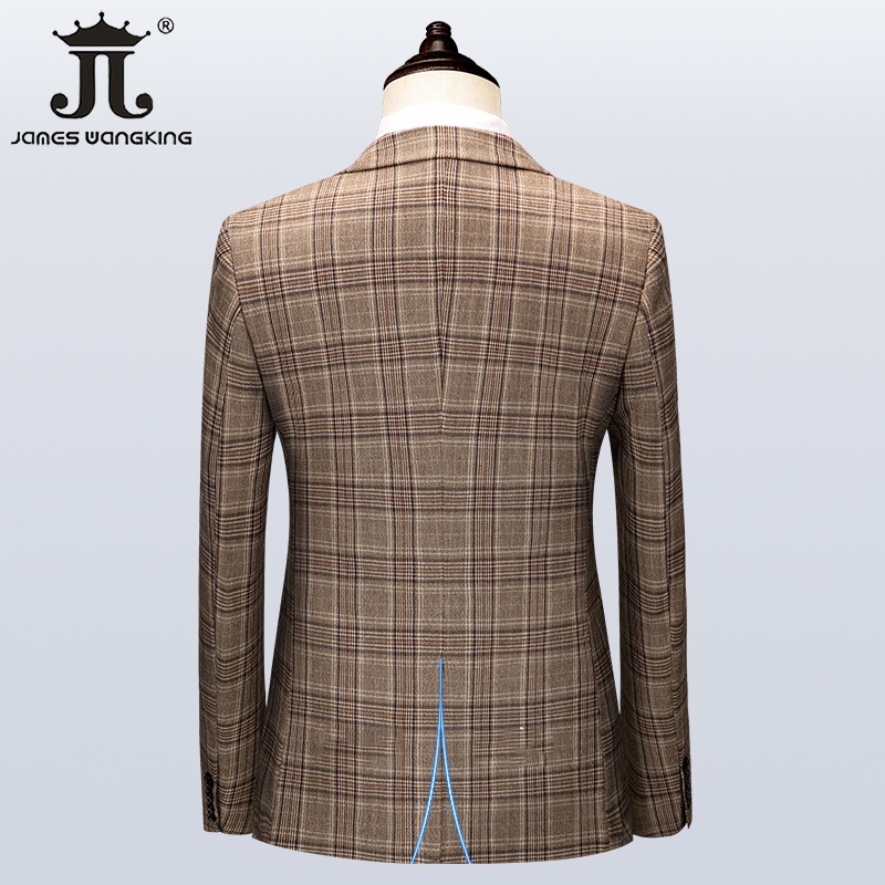 ( Jacket   Vest   Pants) 5XL Brown Retro Plaid Suit Spring and Autumn British Style Mens Suit Groom Wedding Dress Classi #3