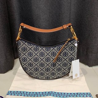 TORY BURCH T MONOGRAM JACQUARD MINI CRESCENT BAG กระเป๋าถือ สะพายไหล่แบรนด์ทอรี่เบิร์ช ผ้าแคนวาส สัญลักษณ์โลโก้