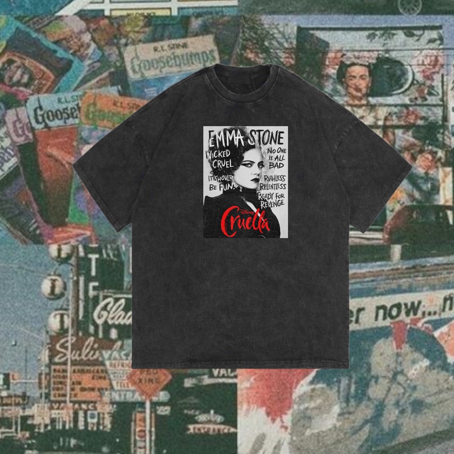 OSSU TSHIRT CRUELLA EMMA STONE BLACK WASHED SAND WASHING STONE WASH WHITE TEE