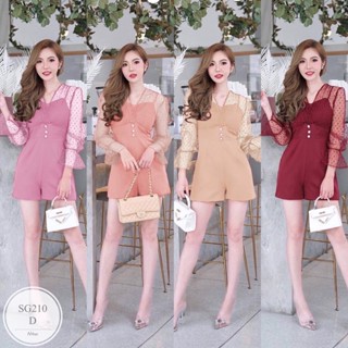 ST210  Jumpsuit จั้มสูทขาสั้น แขนยาวผ้ามุ้งลายเส้นจุดแขนพอง สายเดี่ยวด้านใน กางเกงขาสั้น ติดกระดุมเพชร โทนสีสดใส ทรงสุดฮ