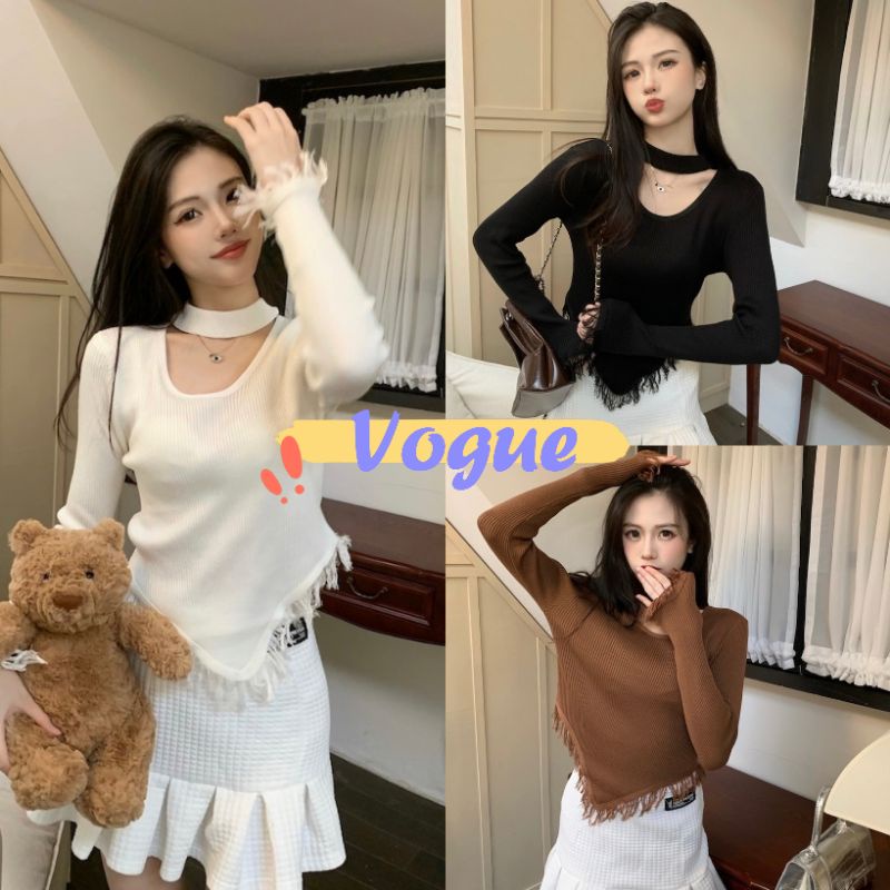 Vogue พร้อมส่ง เสื้อไหมพรมแขนยาว ดีเทลปลายระบายเส้นๆ โชกเกอร์เบาๆ (94160) -N