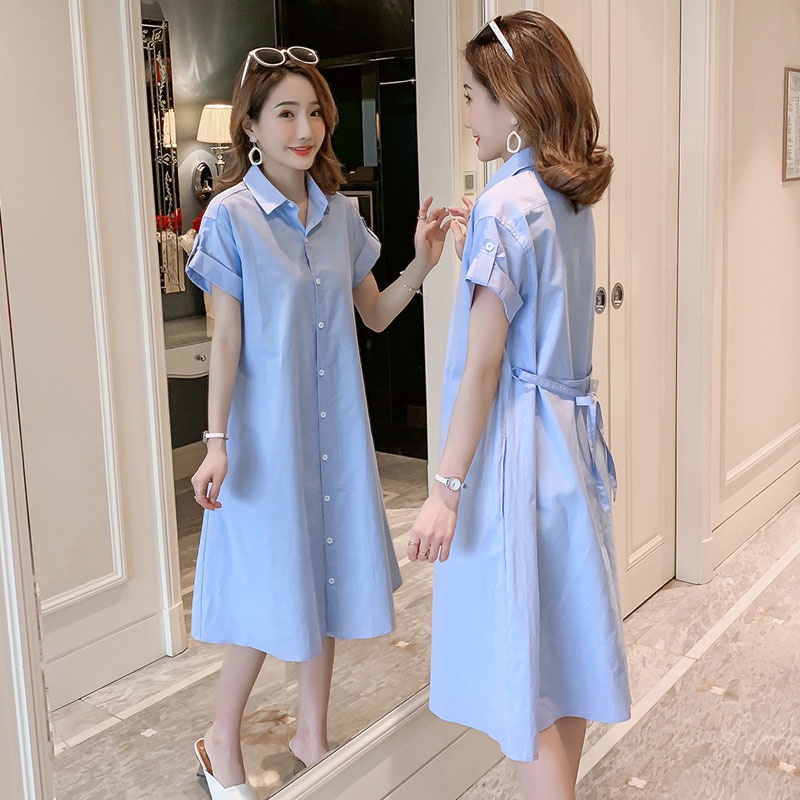 เสื้อเชิ้ตคอปกสีฟ้า กระดุมจริง มีเชือกผูกเอว ชุดคลุมท้อง ผ้าฝ้าย คอปก กระดุมหน้า ชุดคลุมท้อง