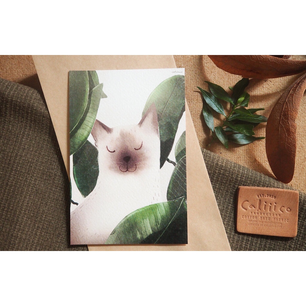 โปสการ์ด ลายแมวใบไม้ Cat Leaf illustration postcard 4x6 inch