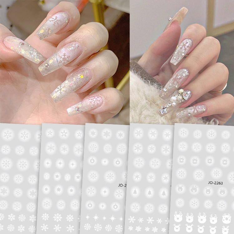 แต่งเล็บ Snowflake White Hollow Star Decals Christmas All-Match ยาทาเล็บกาวสติ๊กเกอร์ตกแต่ง