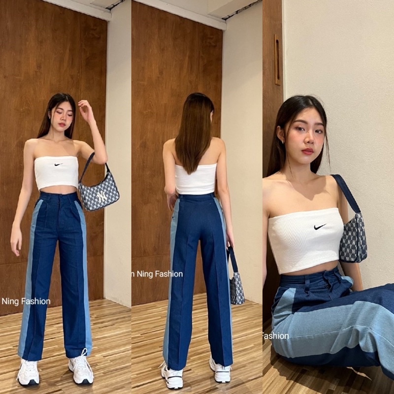 กางเกงขากระบอกทูโทนผ้ายีนส์ตะขอหน้าทรงสวยใส่สบาย
