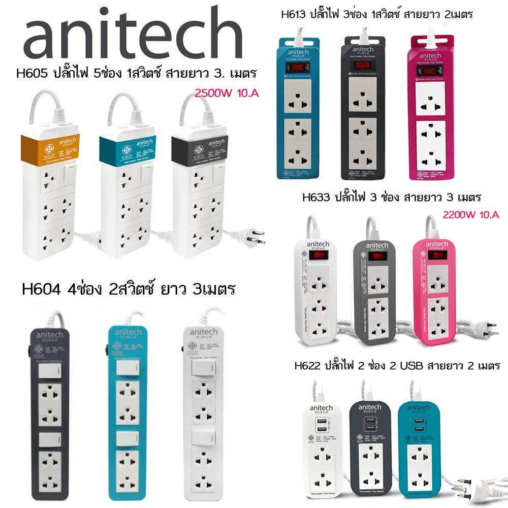 Anitech ปลั๊กไฟ มอก. รุ่น H604 H605 H633 H622 H613 สินค้าไม่มีกล่อง รับประกันศูนย์ 3 ปี