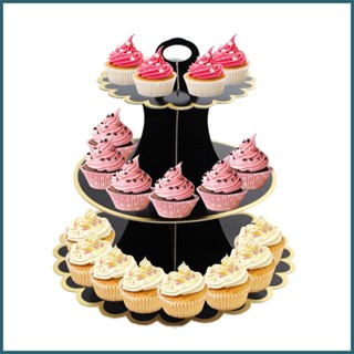 ถาดกระดาษแข็ง สําหรับวางคัพเค้ก ขนมหวาน 3 ชั้น สีทอง ทรงกลม novth