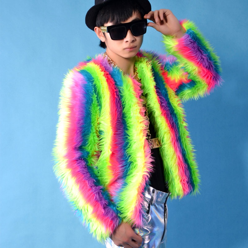 B2018 New Four Seasons man's Faux fox fur coat High-end men rainbow Jackets Color singer Loose Fox hair Long sleeve 