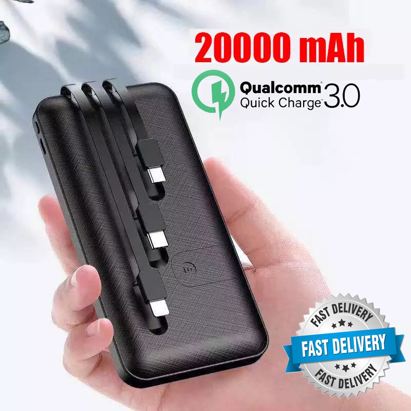 Shopee Thailand - 20000mAh Powerbank Portable 3 Output Built In Cable Power Bank Micro USB Type C